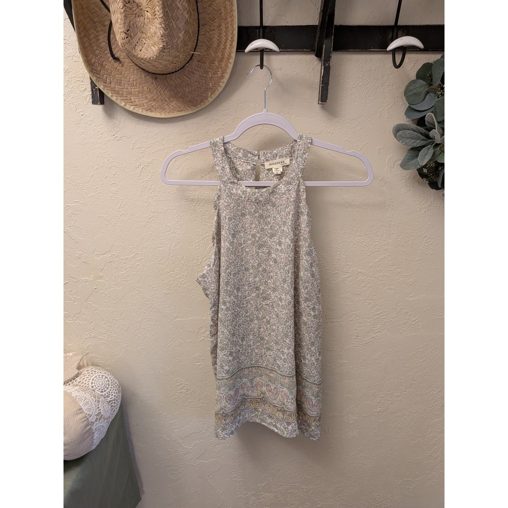 Monteau Floral Tank Top Women L Sleeveless Keyhole Back Lightweight